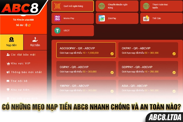 Có những mẹo nạp tiền ABC8 nhanh chóng và an toàn nào?